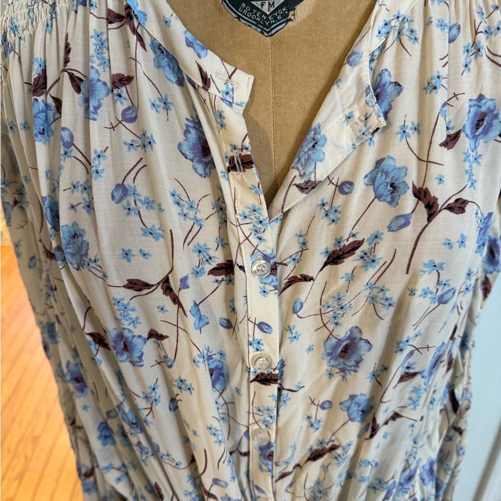 Free People Floral Long Sleeve Dress in Blue and Cream